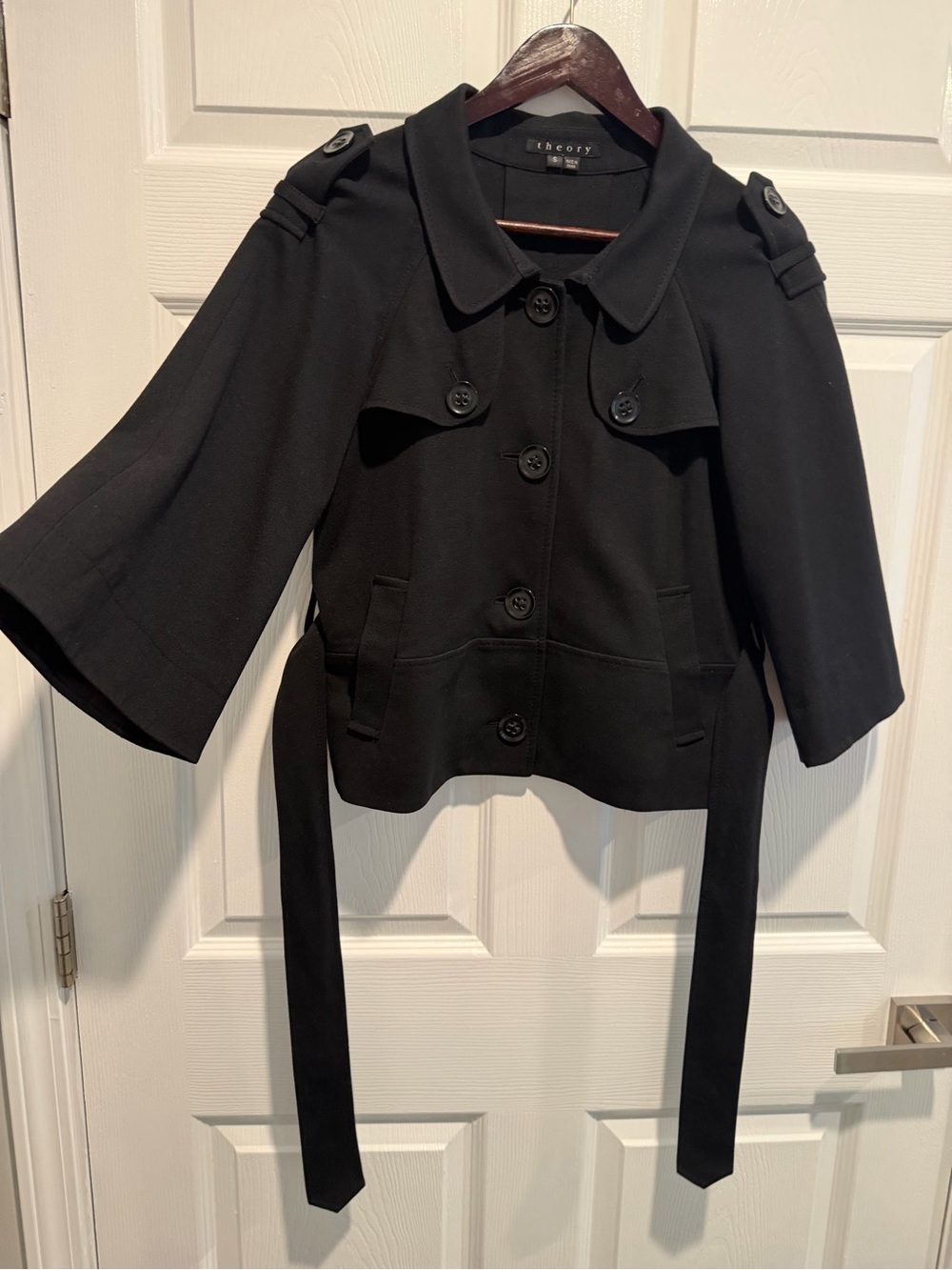 Theory Black Cropped Trench Coat with Belt - Picture 4 of 9